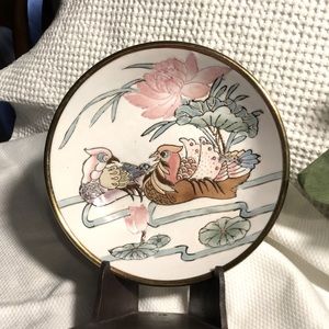 Chinese Plate Encased in Brass~Lily Pad & Mandarin Doves Decor~Grandmillennial